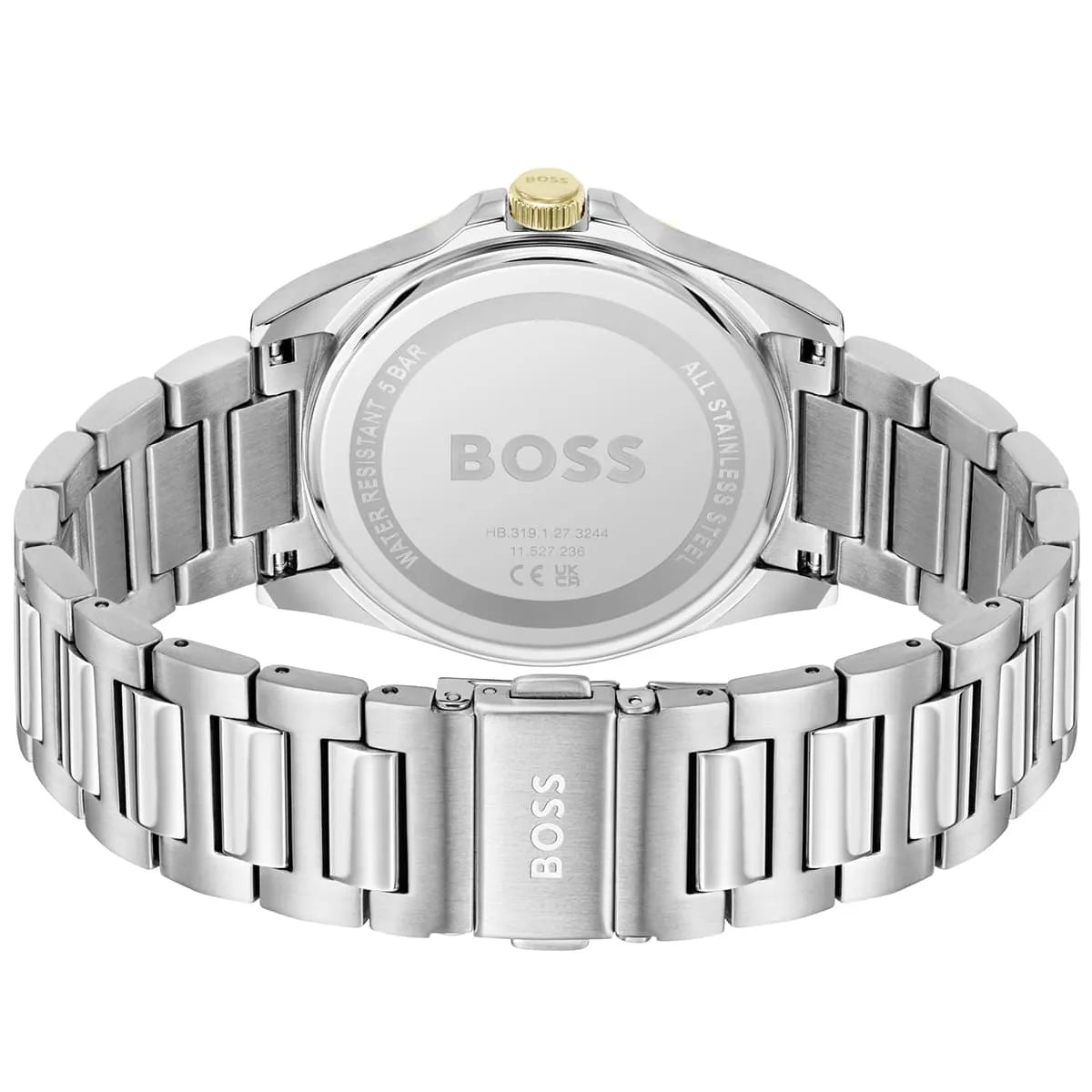 Hugo Boss Casual Strike watch case back showing stainless steel with brand engraving