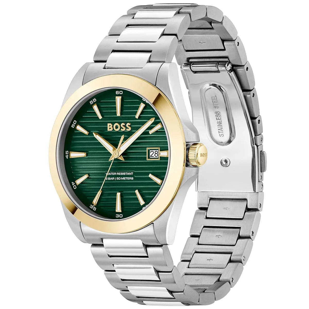 Hugo Boss Casual Strike watch shown from side angle with stainless steel metal strap