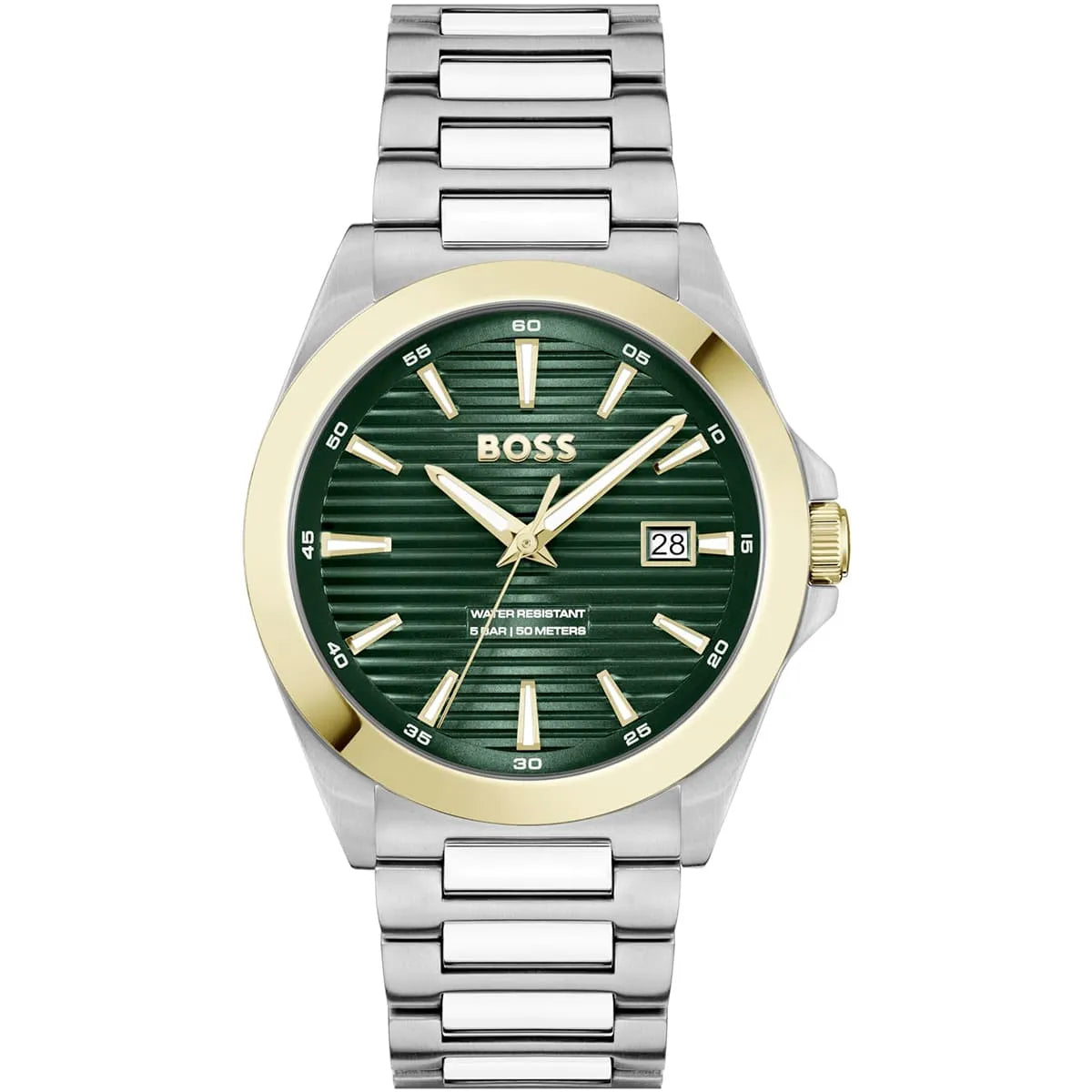 Hugo Boss Casual Strike men's watch with green dial and gold bezel on stainless steel bracelet