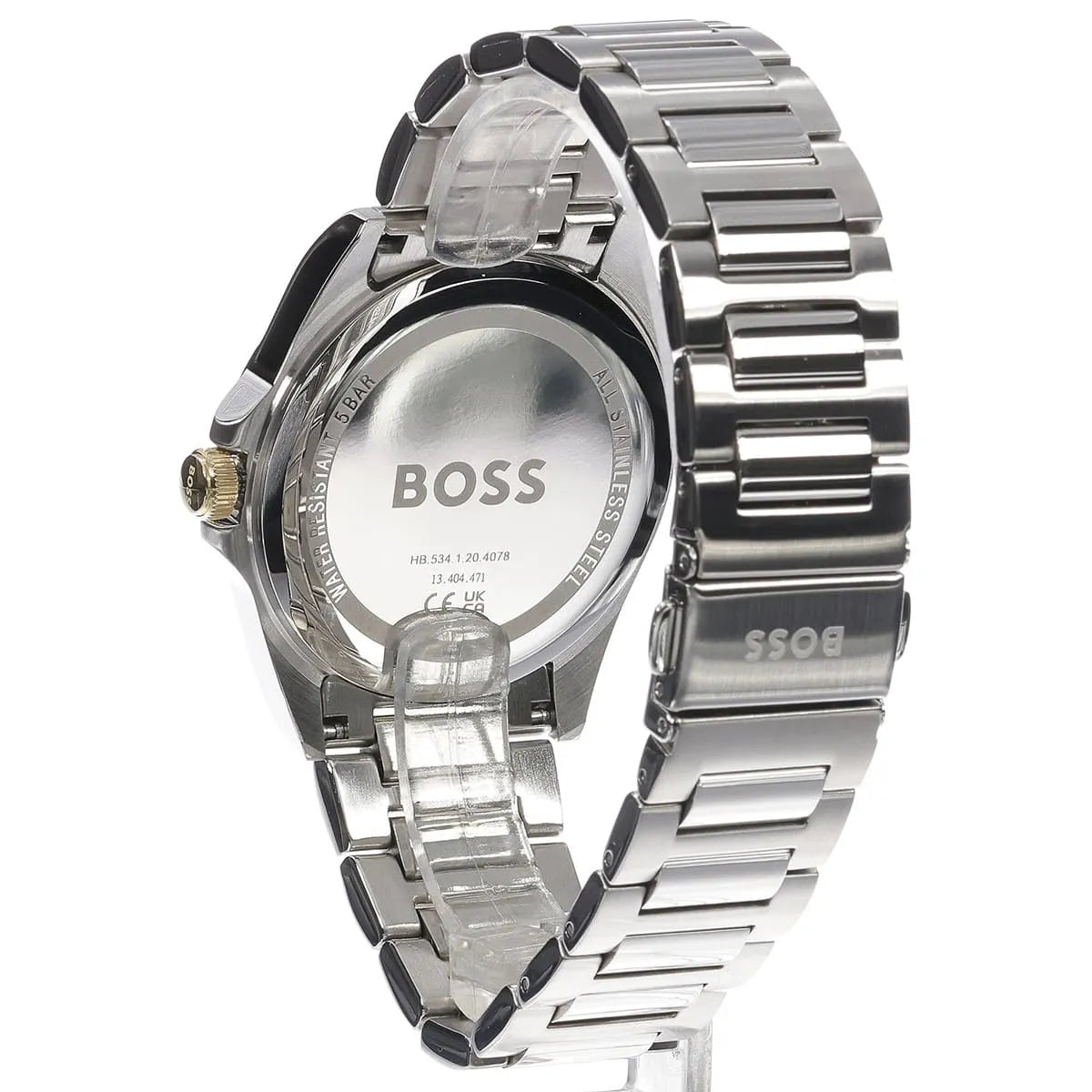 Hugo Boss Casual Strike watch side view displaying stainless steel bracelet and case profile