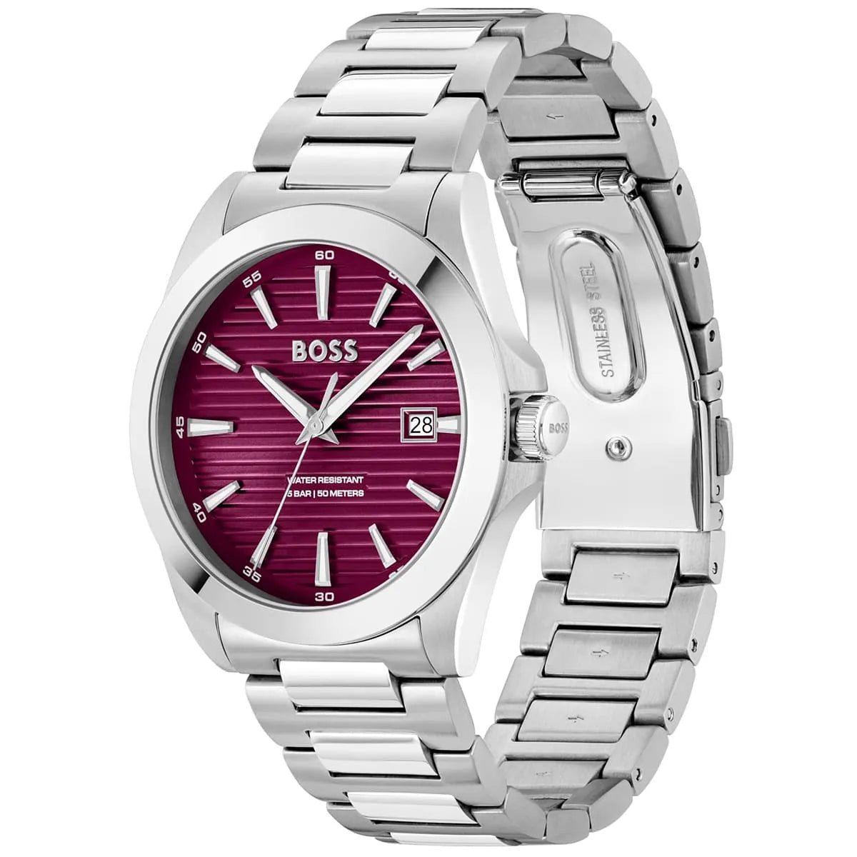 Hugo Boss Strike watch shown at angle with burgundy dial and steel bracelet
