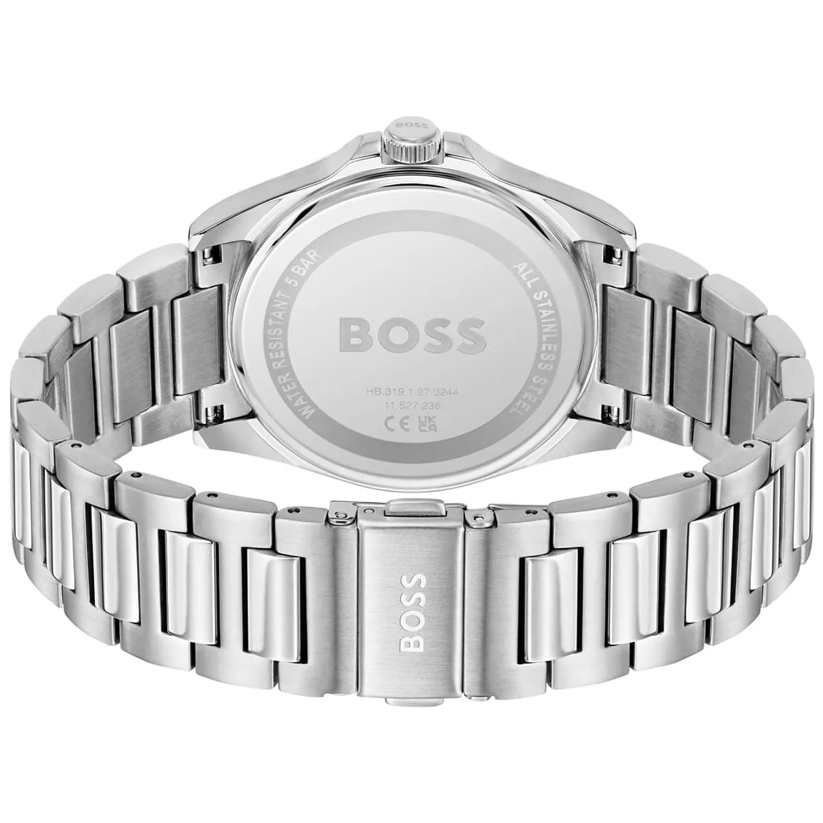 Hugo Boss Strike watch caseback showing stainless steel with engraved BOSS logo