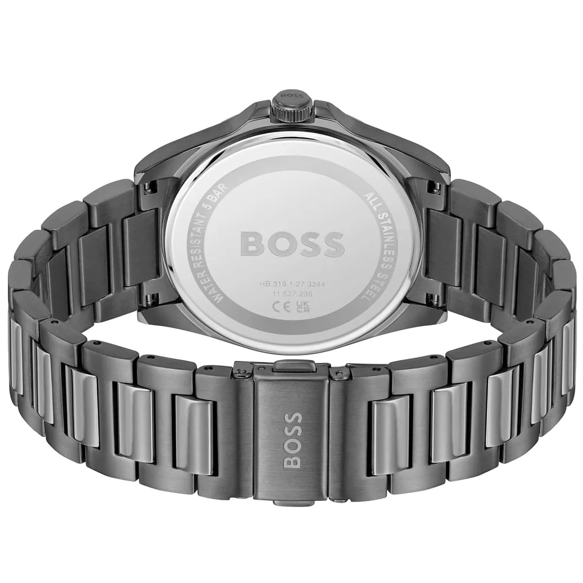 Hugo Boss Strike watch caseback showing stainless steel case back and metal bracelet