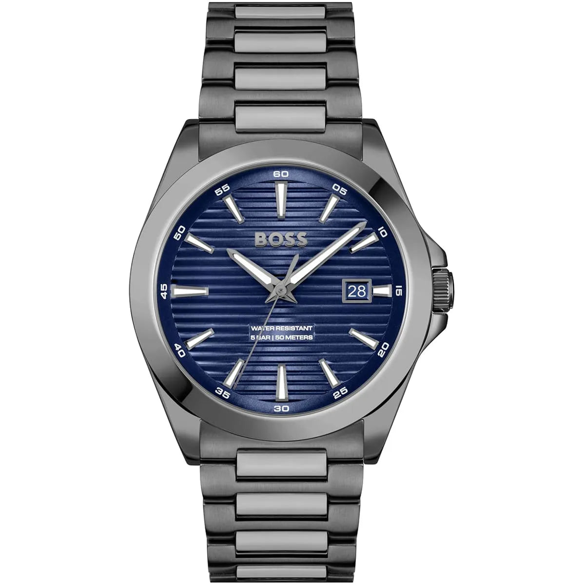 Hugo Boss Strike watch with blue striped dial and gray stainless steel bracelet