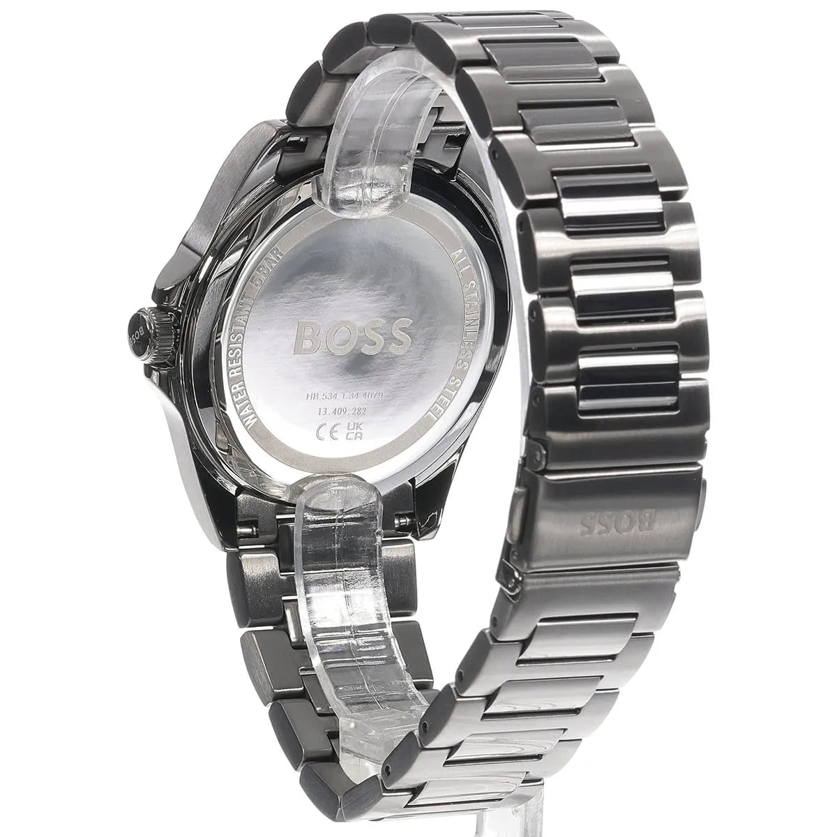 Hugo Boss Strike watch side view showing gray stainless steel three-link bracelet