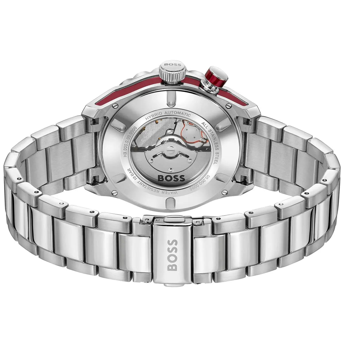 Hugo Boss Bossmatic watch caseback showing automatic movement and stainless steel bracelet