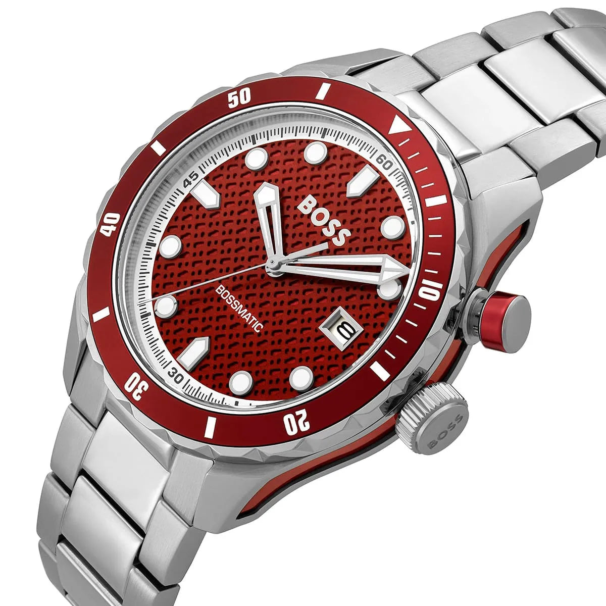 Close-up of Hugo Boss Bossmatic red patterned dial with white hour markers and date window