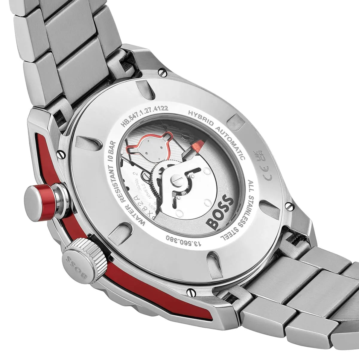 Hugo Boss Bossmatic watch worn on wrist showing red dial and stainless steel case