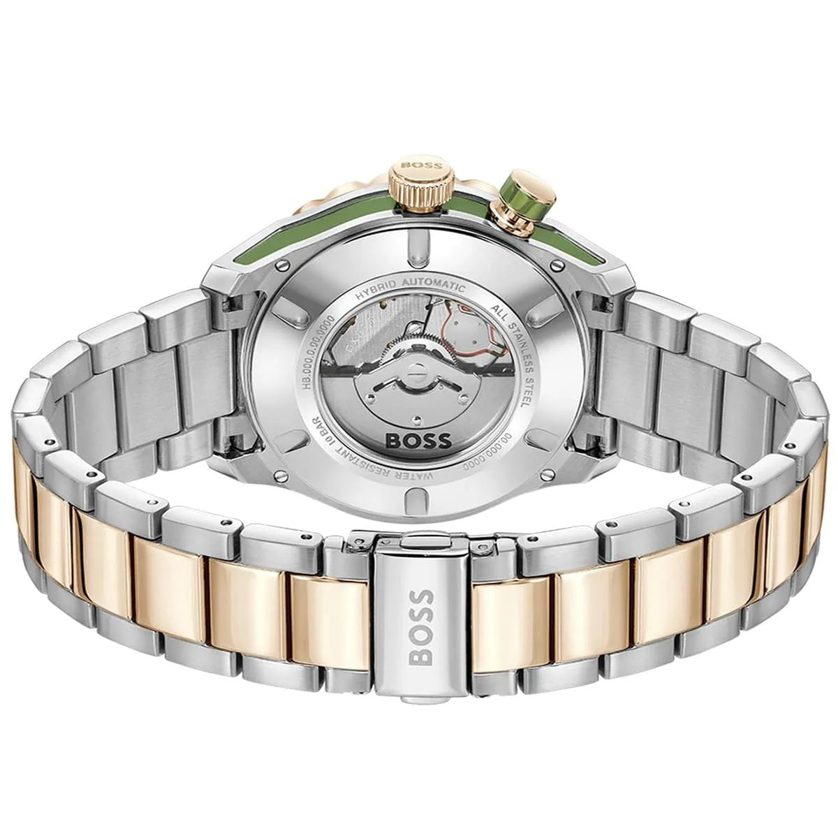 Hugo Boss Bossmatic caseback showing automatic movement and stainless steel bracelet