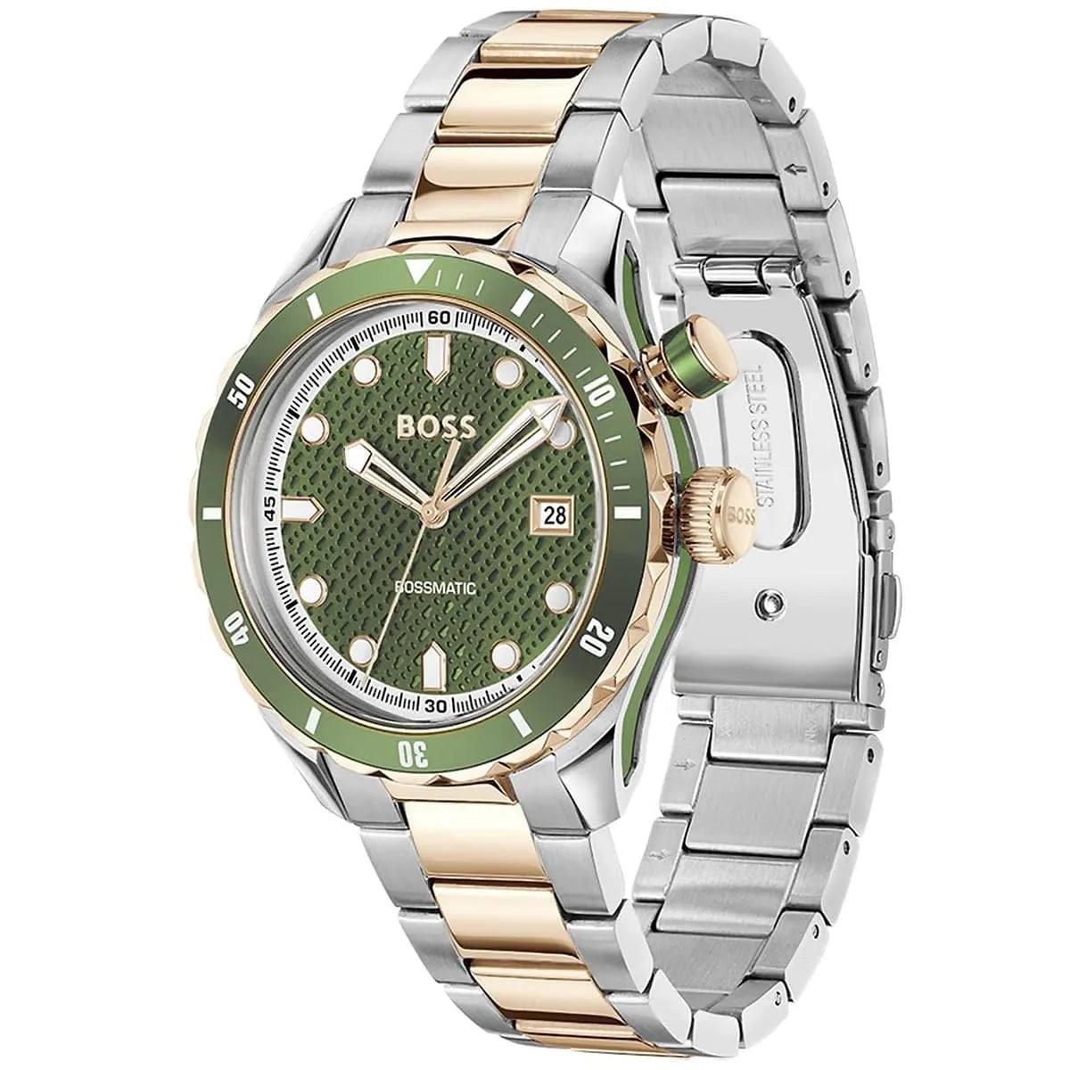 Hugo Boss Bossmatic watch angled view showing green dial, date window, and mixed metal bracelet