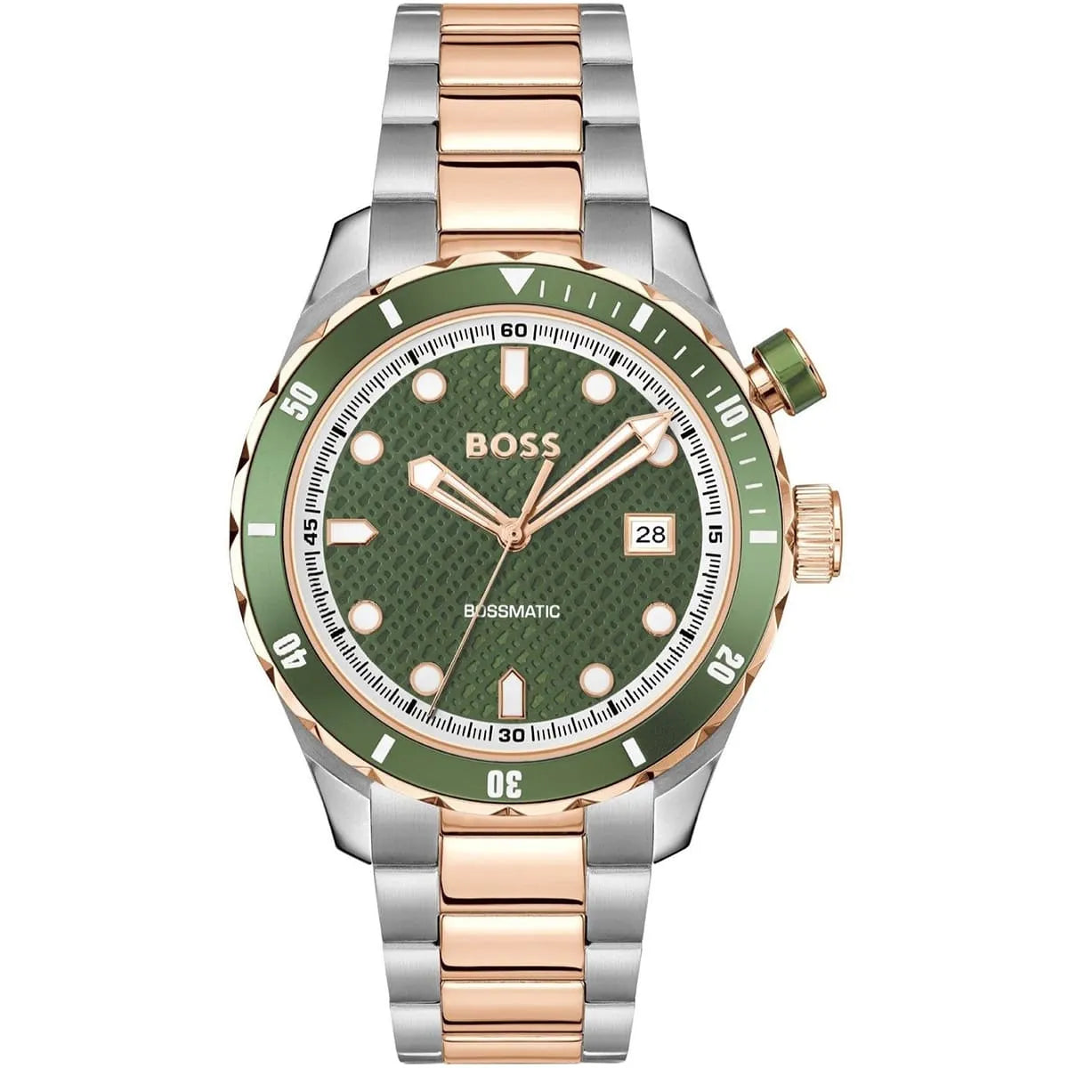 Hugo Boss Bossmatic men's watch with green patterned dial, green bezel, and mixed metal silver and rose gold strap