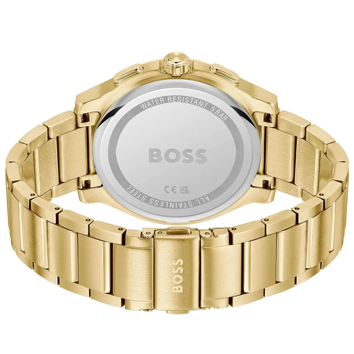 Caseback of BOSS watch showing water resistant specification and gold steel case