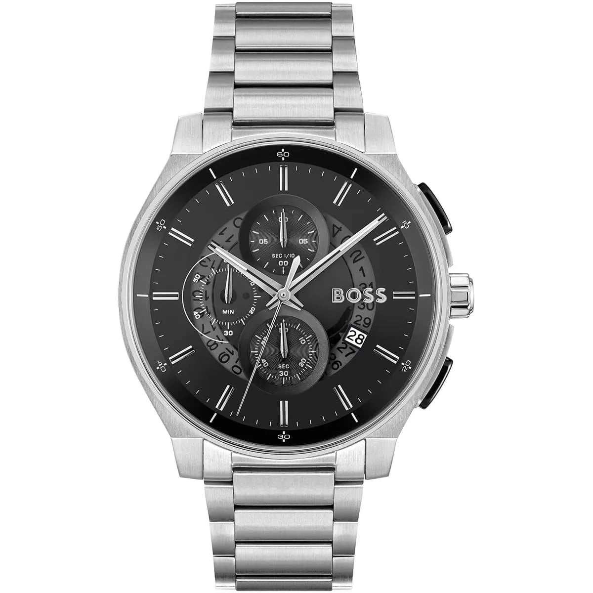 Hugo Boss 1514191 chronograph watch with black dial and stainless steel bracelet