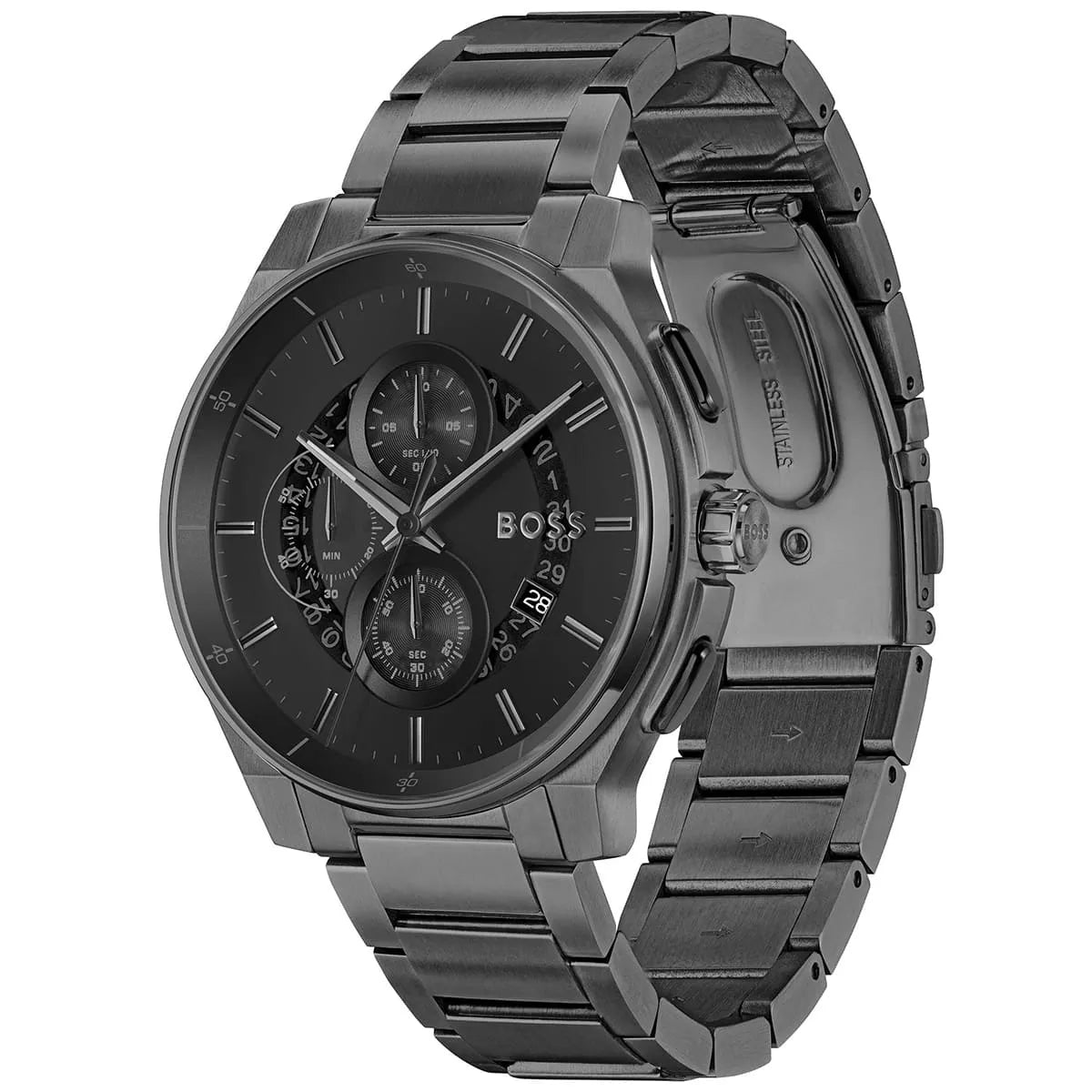 Hugo Boss Skymaster watch angled view showing chronograph subdials and metal bracelet