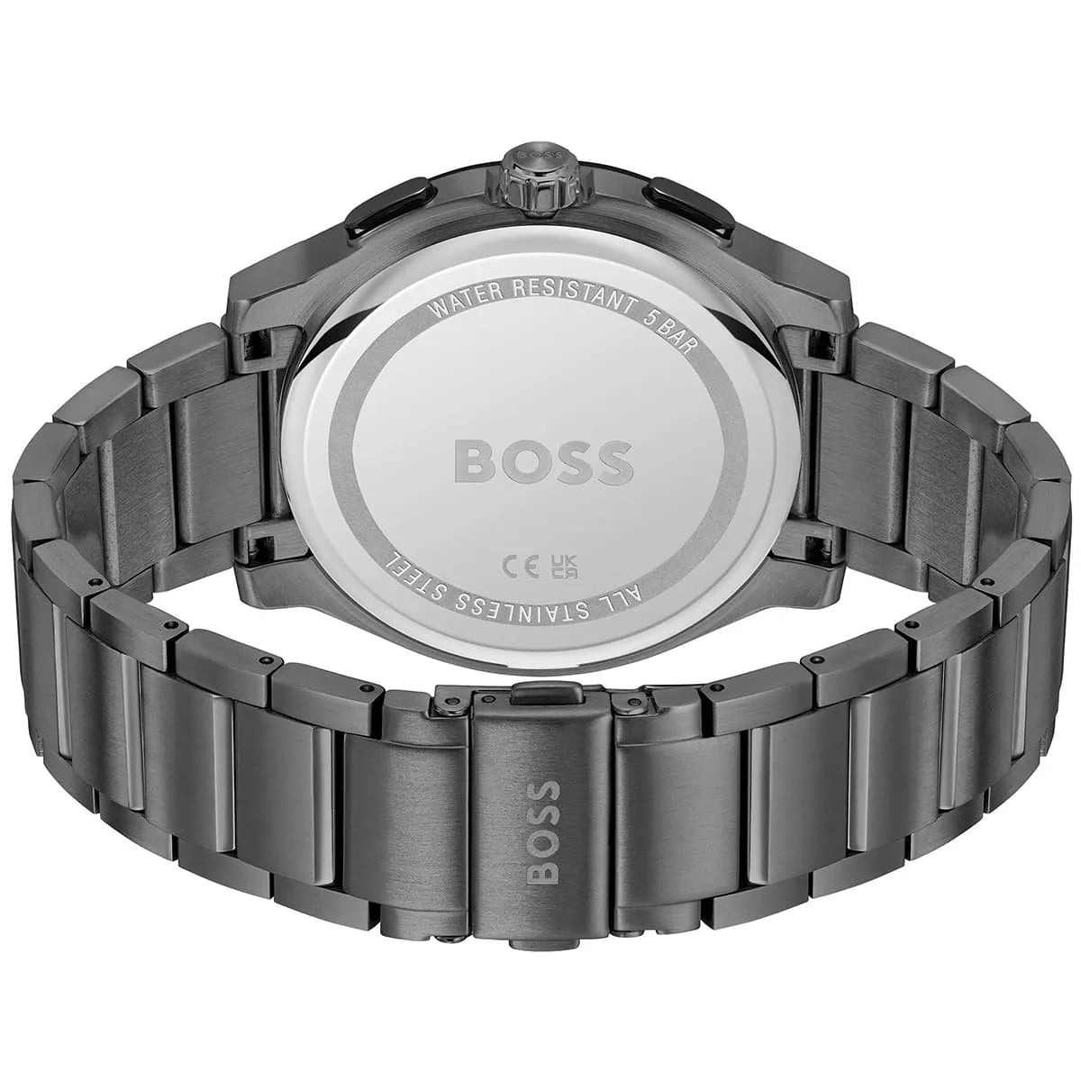Hugo Boss Skymaster caseback showing stainless steel bracelet and water resistance