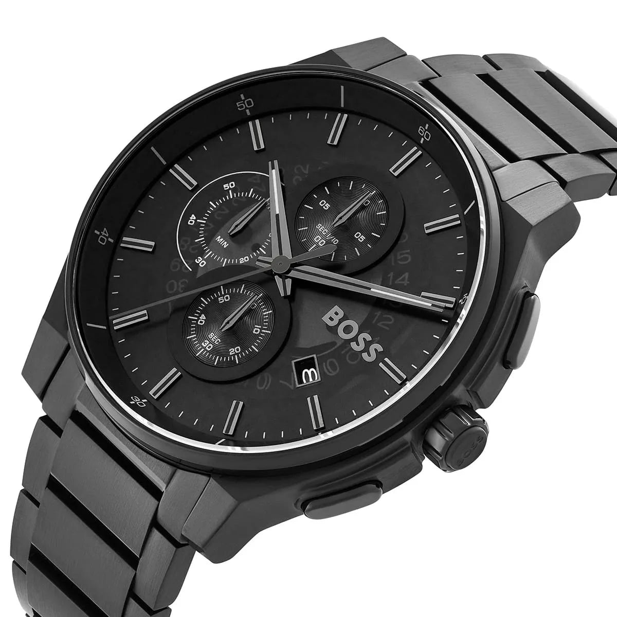 Hugo Boss Skymaster side profile with black chronograph dial and stainless steel band