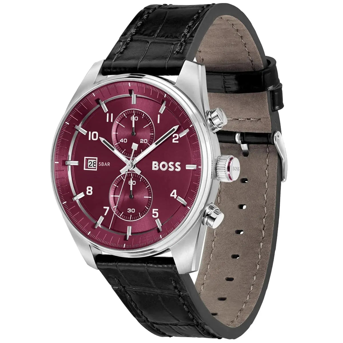 Hugo Boss Skymaster watch side angle showing chronograph subdials and leather strap detail