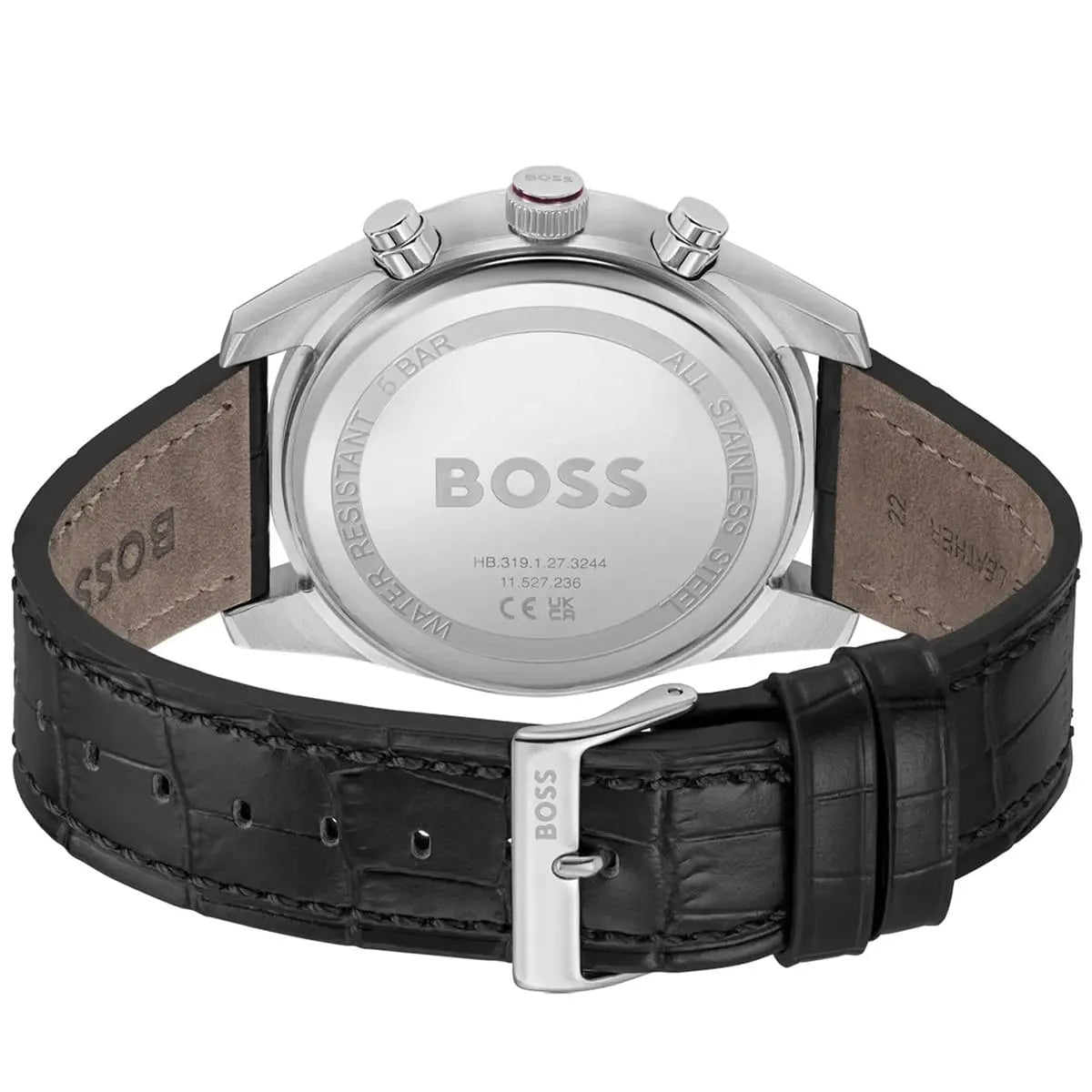 Hugo Boss Skymaster watch caseback showing stainless steel back with model number and logo
