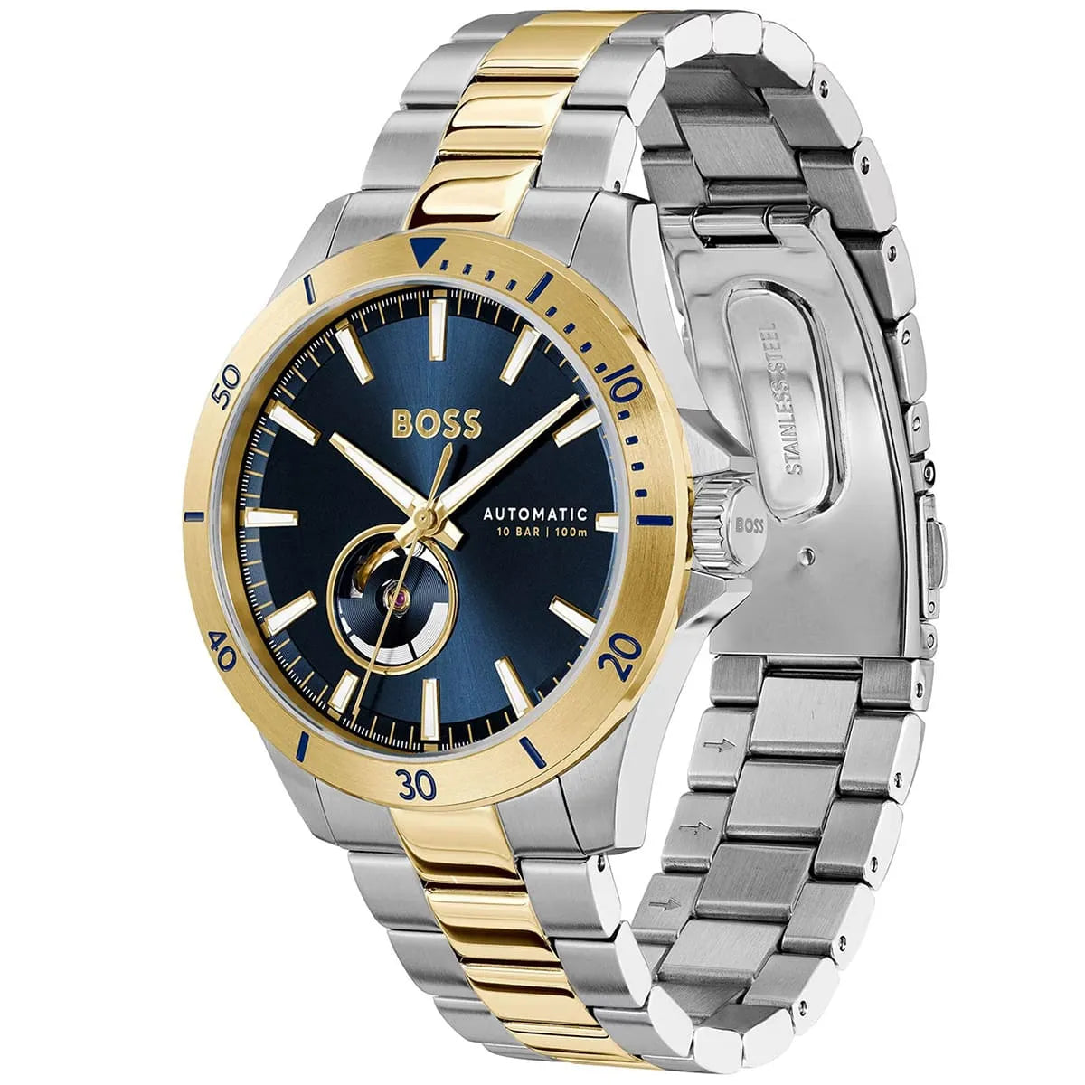 Hugo Boss Troper watch displayed at angle showing navy dial, gold bezel, and two-tone metal bracelet
