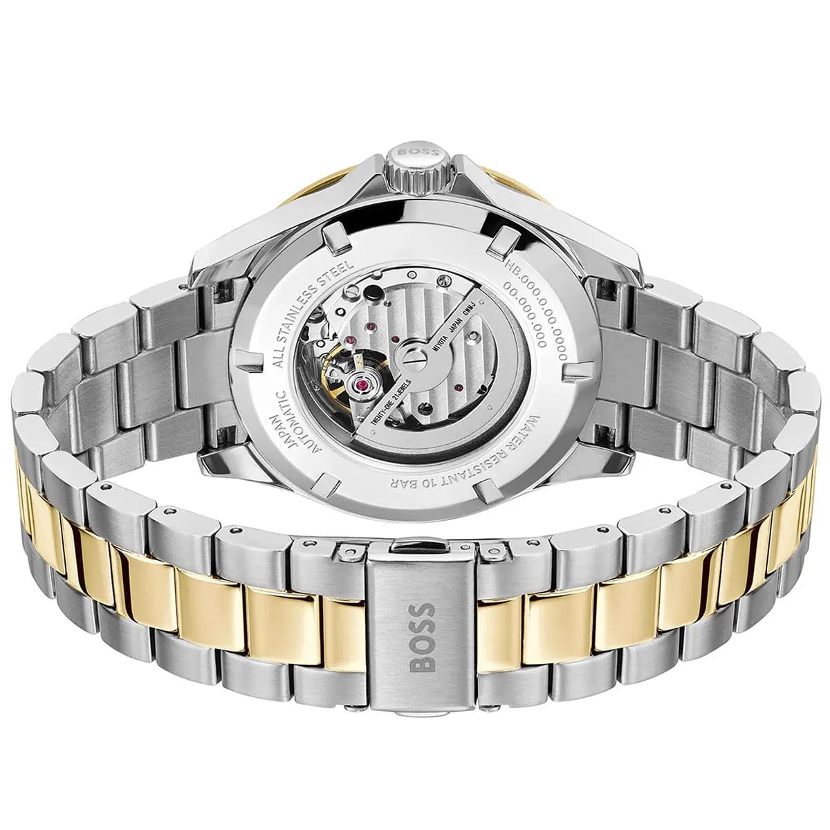 Hugo Boss Troper open caseback showing automatic movement and two-tone stainless steel bracelet