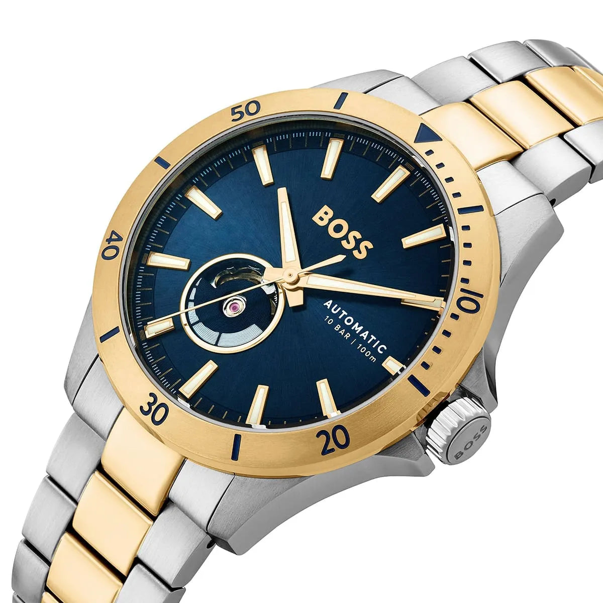 Close-up of Hugo Boss Troper dial showing navy blue face, gold bezel, and automatic movement opening