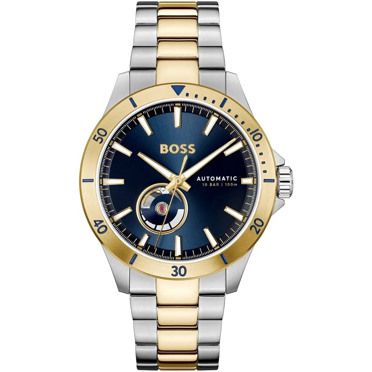 Hugo Boss Troper automatic watch with navy dial, gold bezel, and two-tone silver-gold bracelet