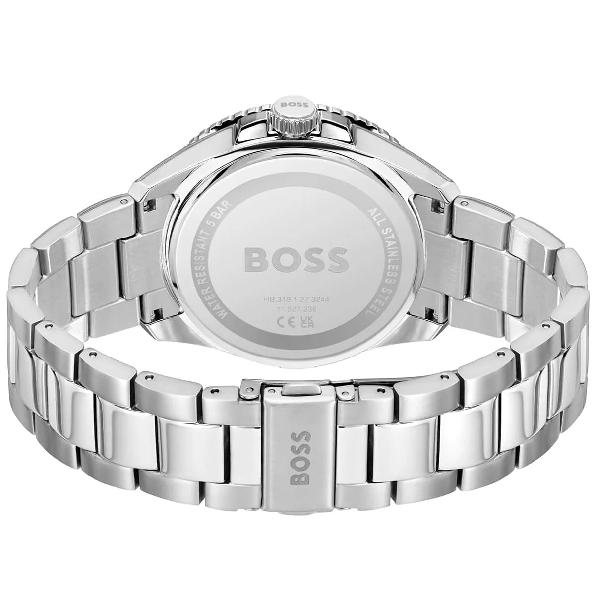 Hugo Boss Runner watch caseback with stainless steel bracelet and clasp
