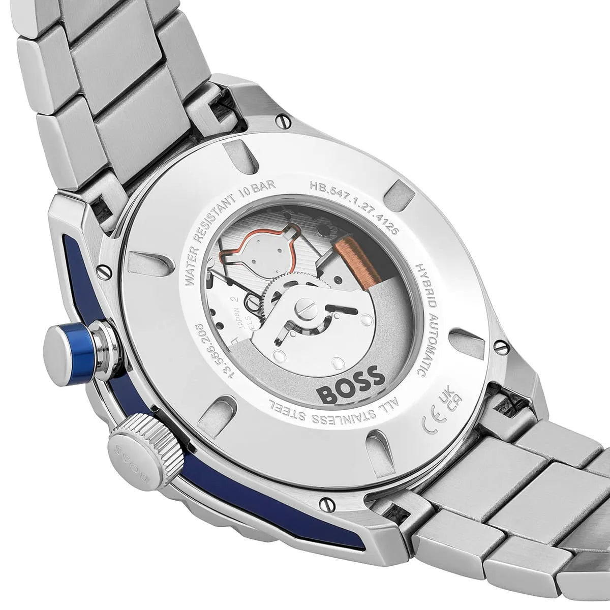 Hugo Boss Skymaster watch from rear showing visible movement mechanism and caseback detail
