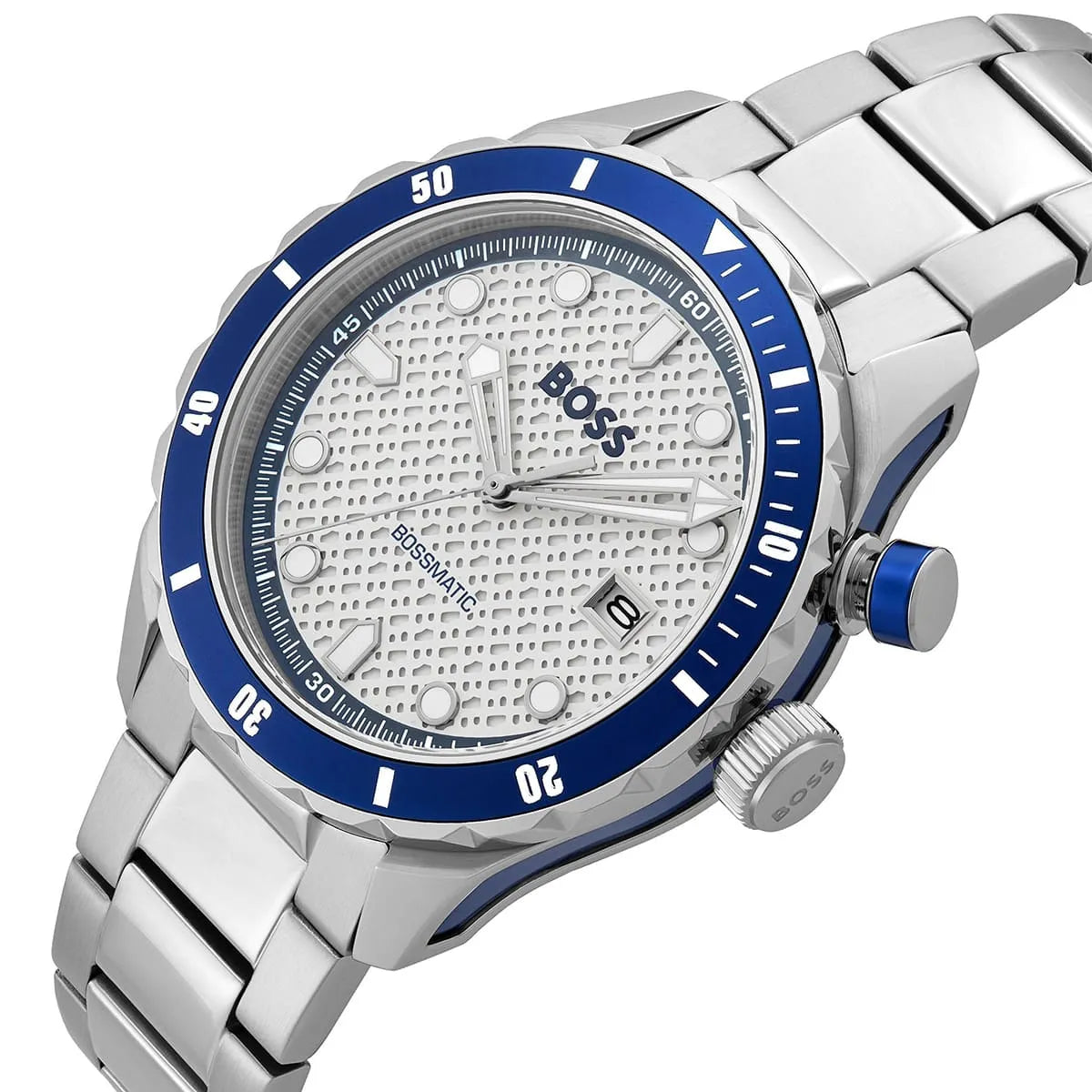 Close-up of Hugo Boss Skymaster dial with white textured surface, blue bezel, and hour markers