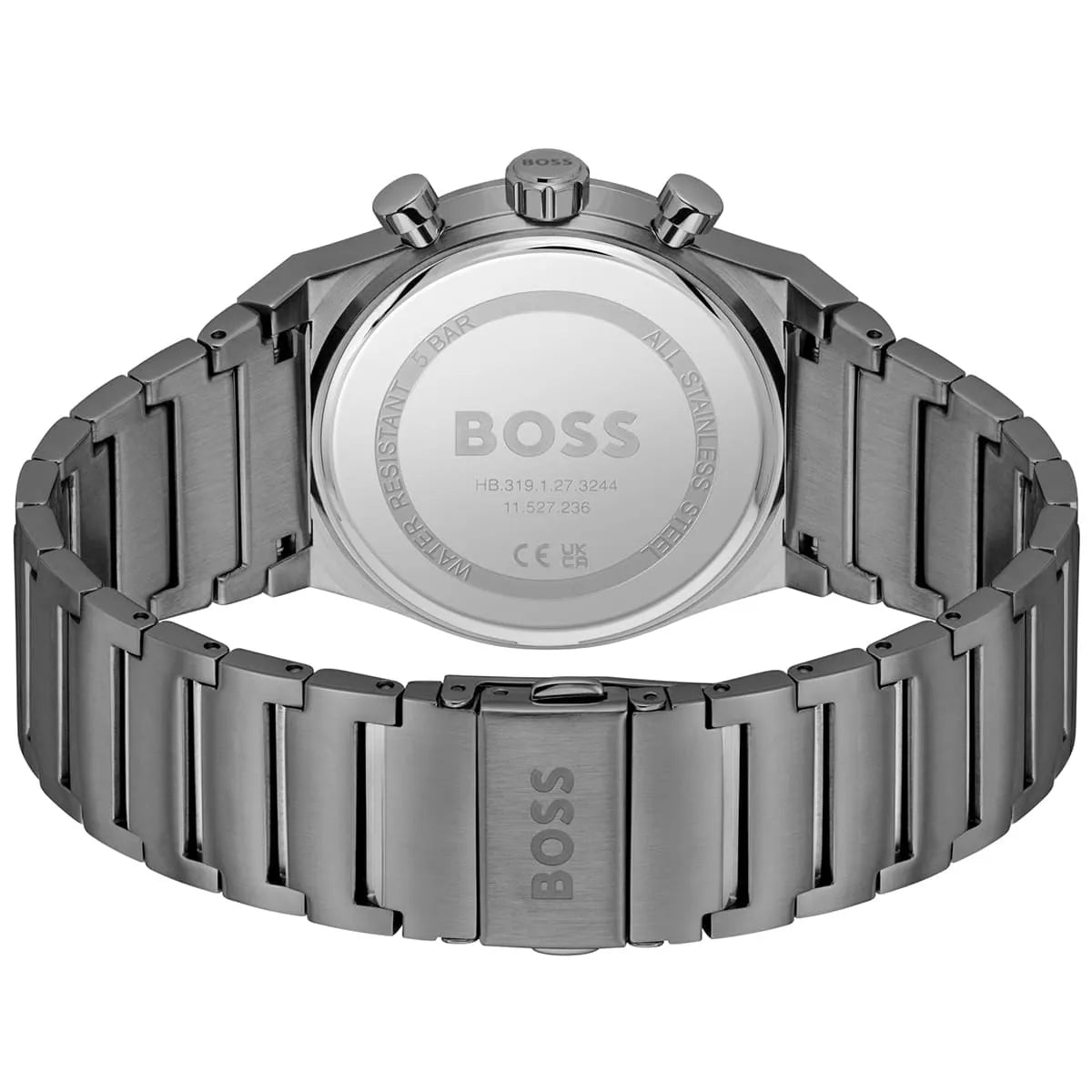 Hugo Boss Candor Chrono caseback showing stainless steel back with engraved logo and reference number