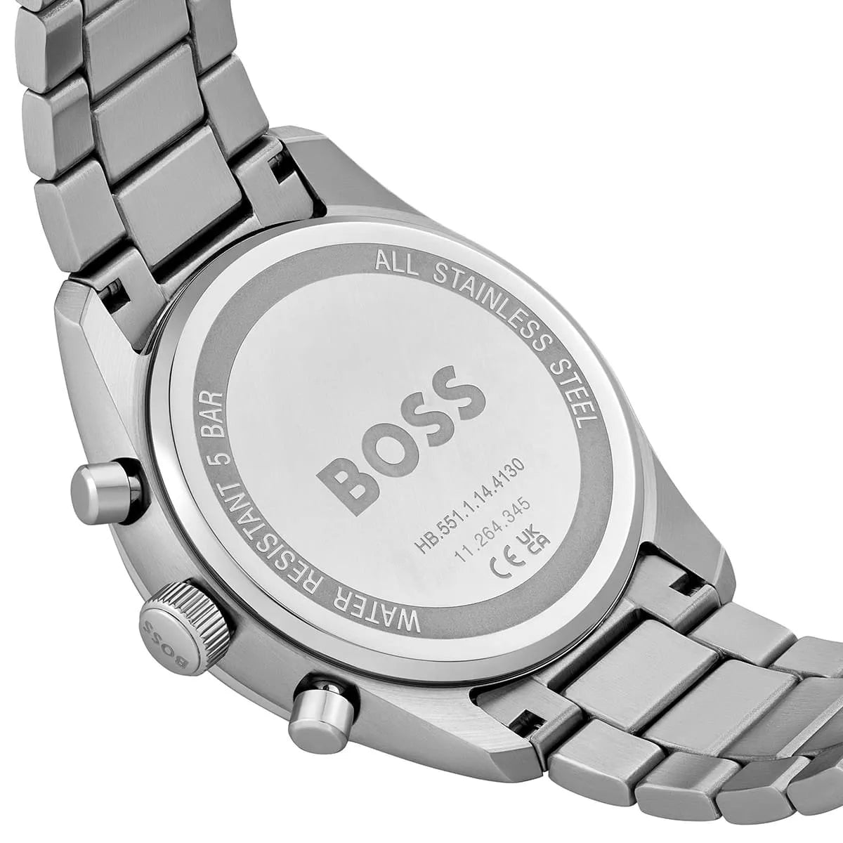 Close-up of Hugo Boss Grand Prix caseback with text and specifications engraved