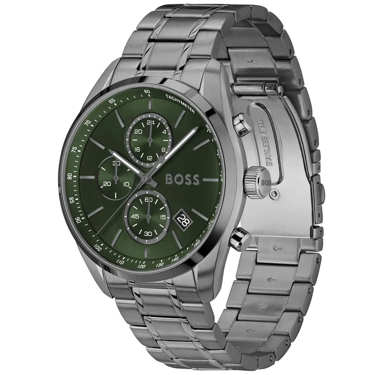 Hugo Boss Grand Prix chronograph watch angled side view showing green dial and metal bracelet