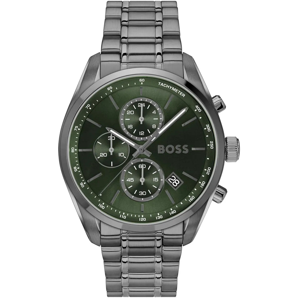 Hugo Boss Grand Prix chronograph watch with green dial and gunmetal grey stainless steel bracelet