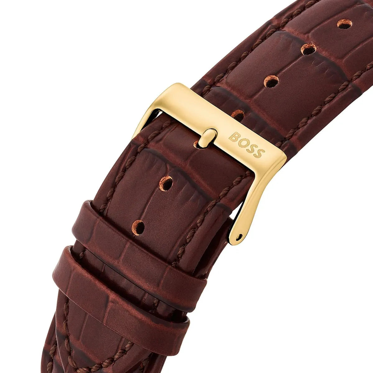 Hugo Boss brown crocodile-embossed calfskin leather strap with gold-tone buckle and Boss branding