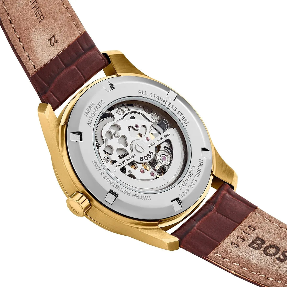 Hugo Boss skeleton watch caseback showing transparent exhibition and stainless steel case details