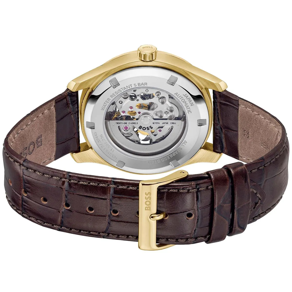 Hugo Boss skeleton watch caseback displaying automatic movement and water-resistant specification