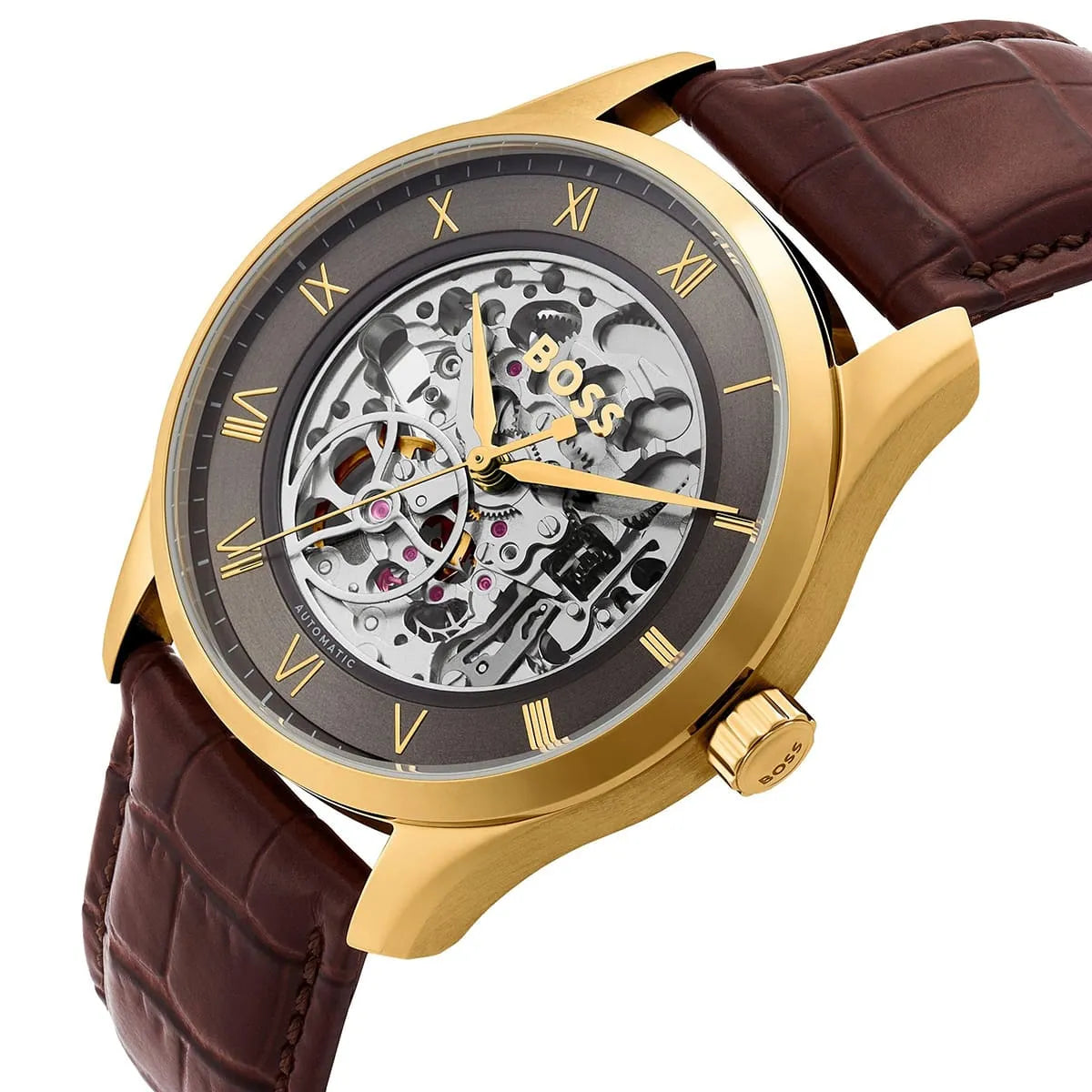Close-up of Hugo Boss skeleton watch dial with exposed golden movement and Roman numeral indices
