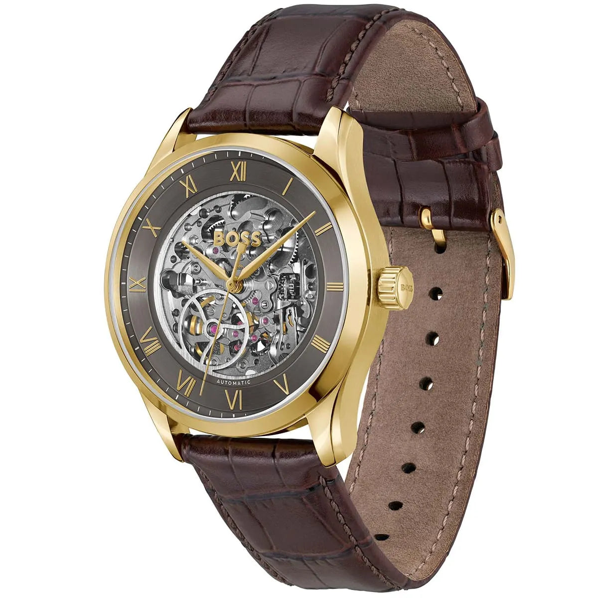 Hugo Boss skeleton watch side view showing gold-tone case and brown crocodile-embossed leather strap