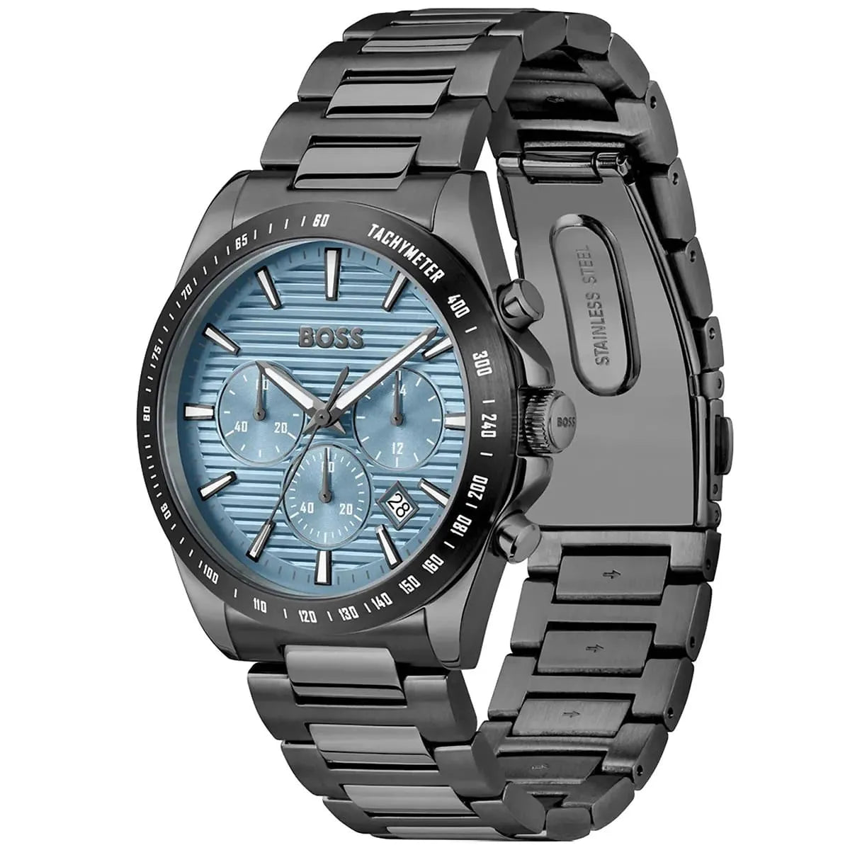 Hugo Boss Strike watch with gunmetal stainless steel bracelet shown from angled front view