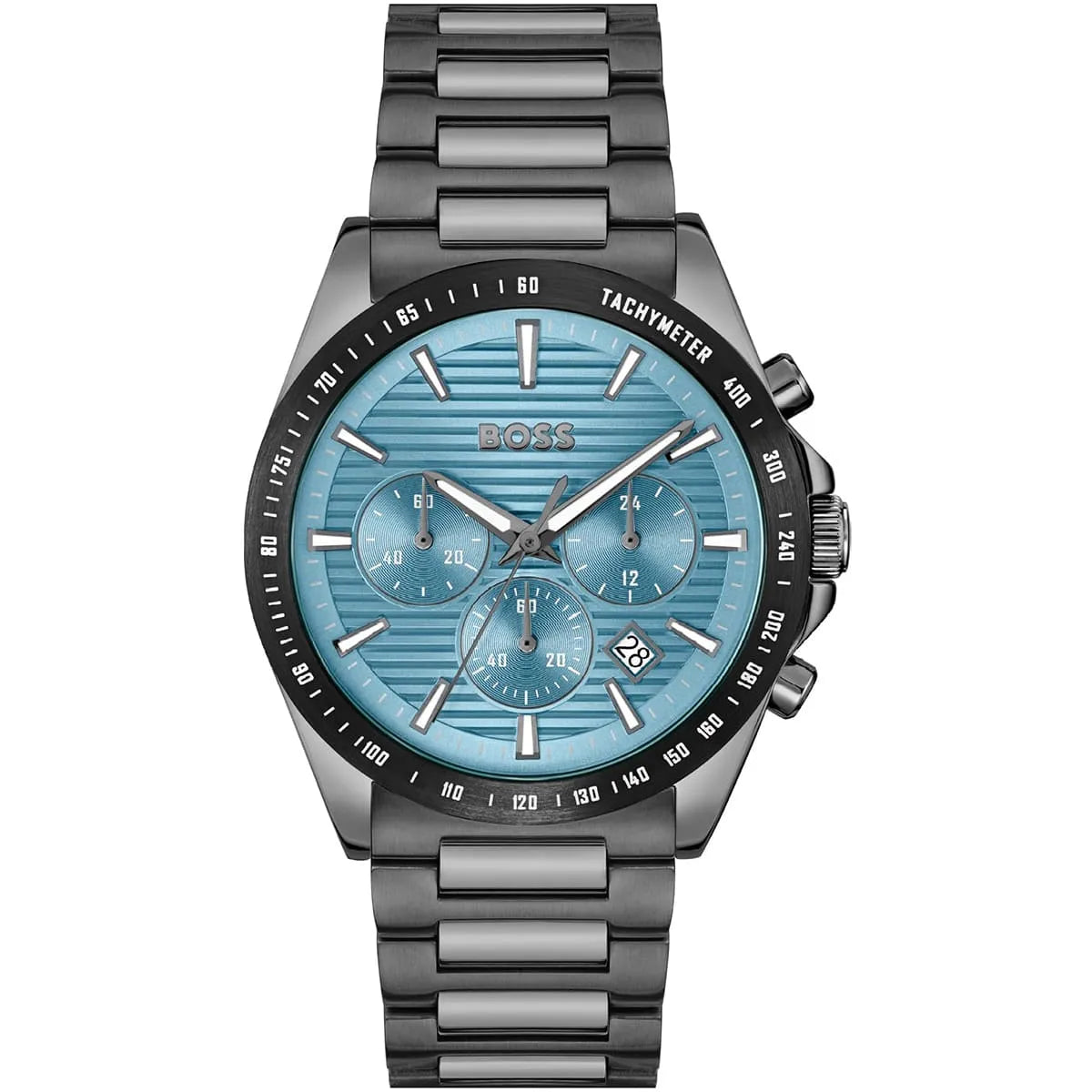 Hugo Boss Strike chronograph men's watch with light blue dial and black tachymeter bezel