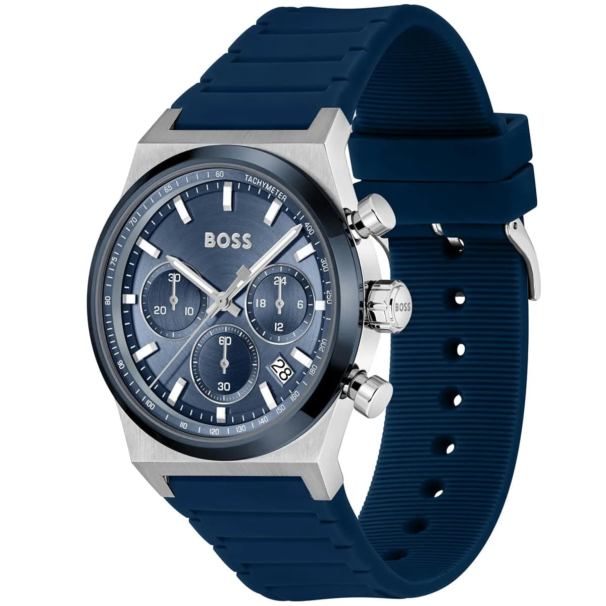 Hugo Boss Candor chronograph watch angled view showing blue dial with three sub-dials and blue rubber strap