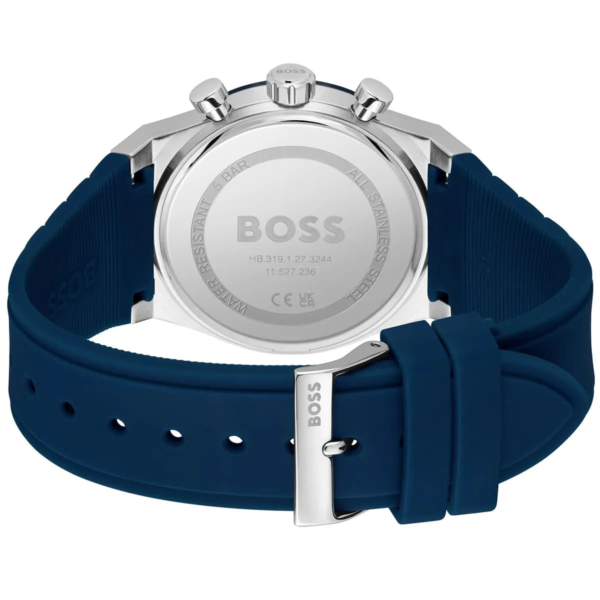 Hugo Boss Candor watch caseback showing silver-tone case with BOSS branding