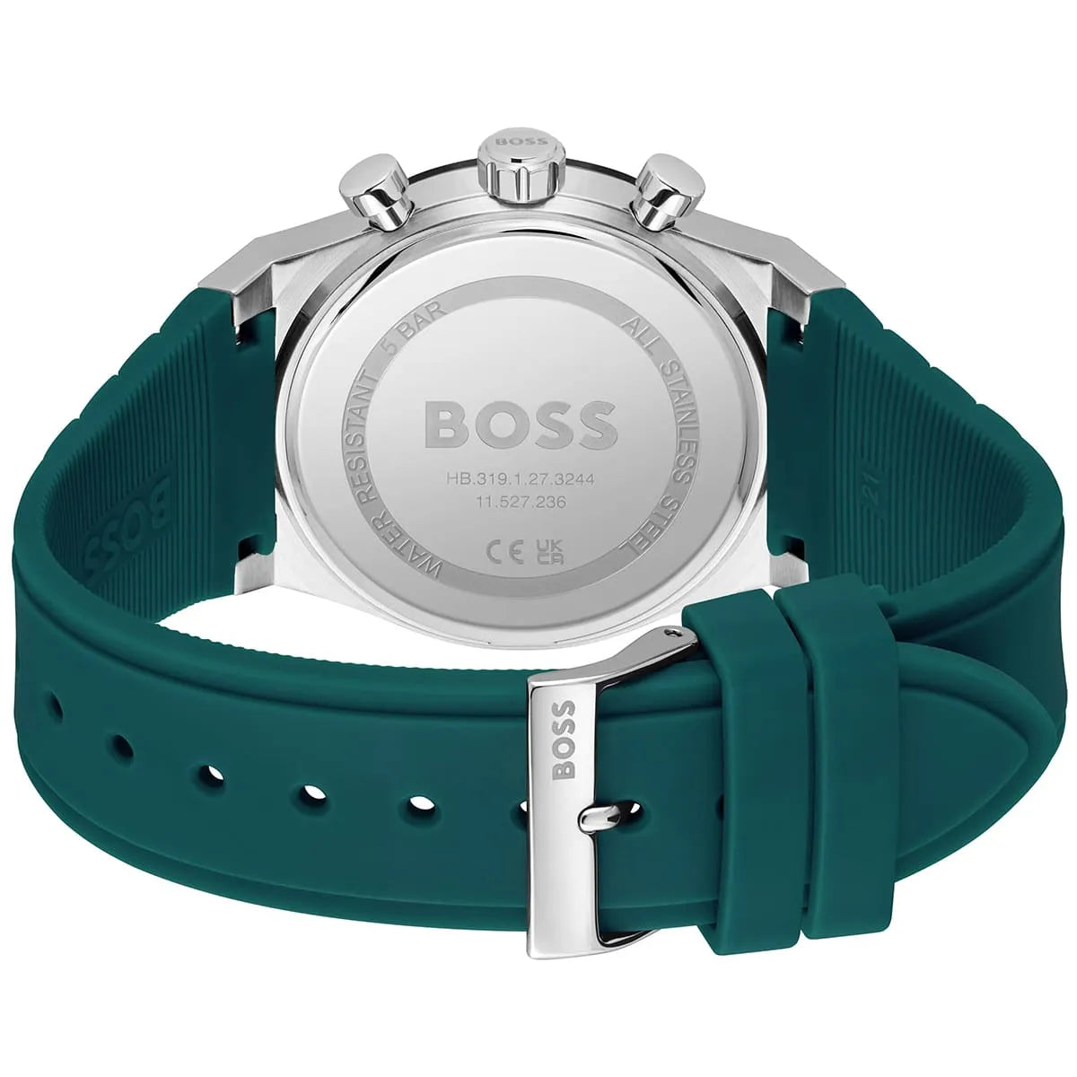 Hugo Boss chronograph watch caseback showing stainless steel with engraved branding