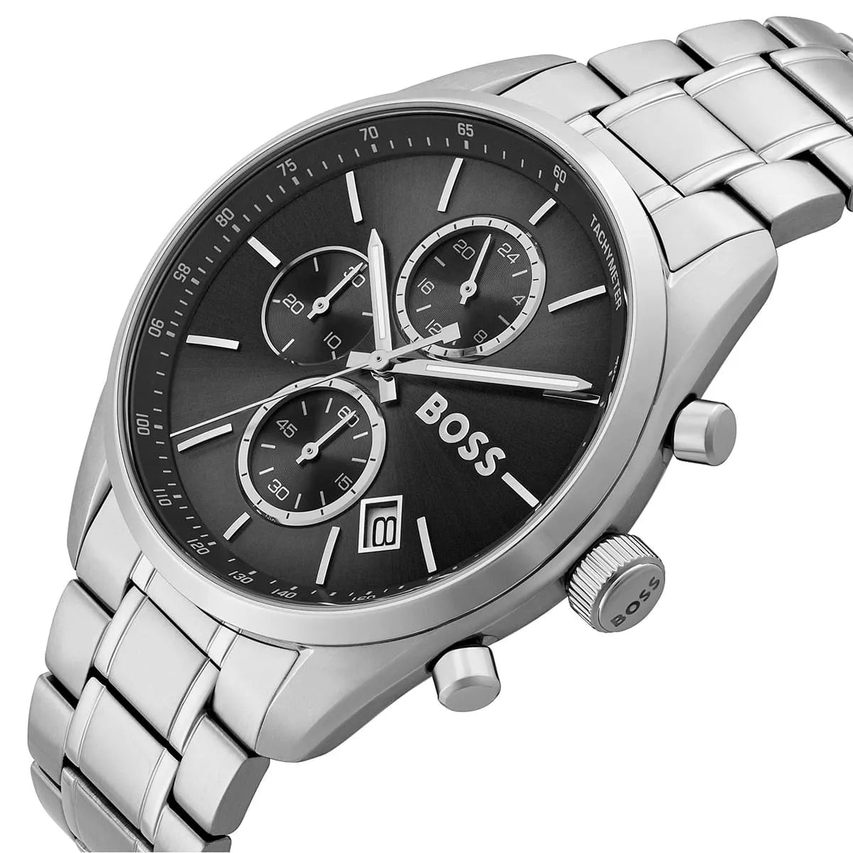 Hugo Boss Grand Prix chronograph watch tilted view showing black dial and three sub-dials