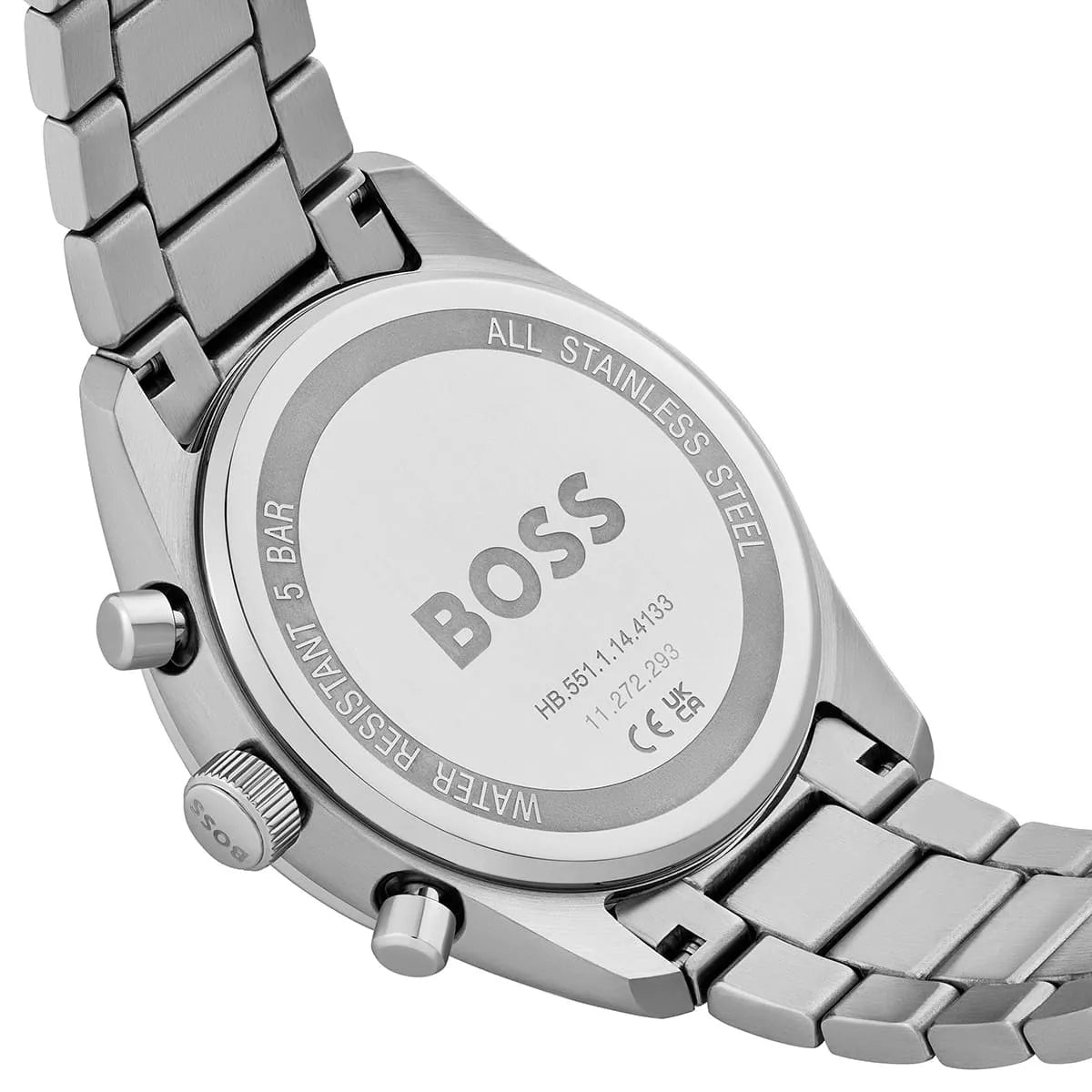 Hugo Boss Grand Prix watch caseback detail with all stainless steel branding and specifications