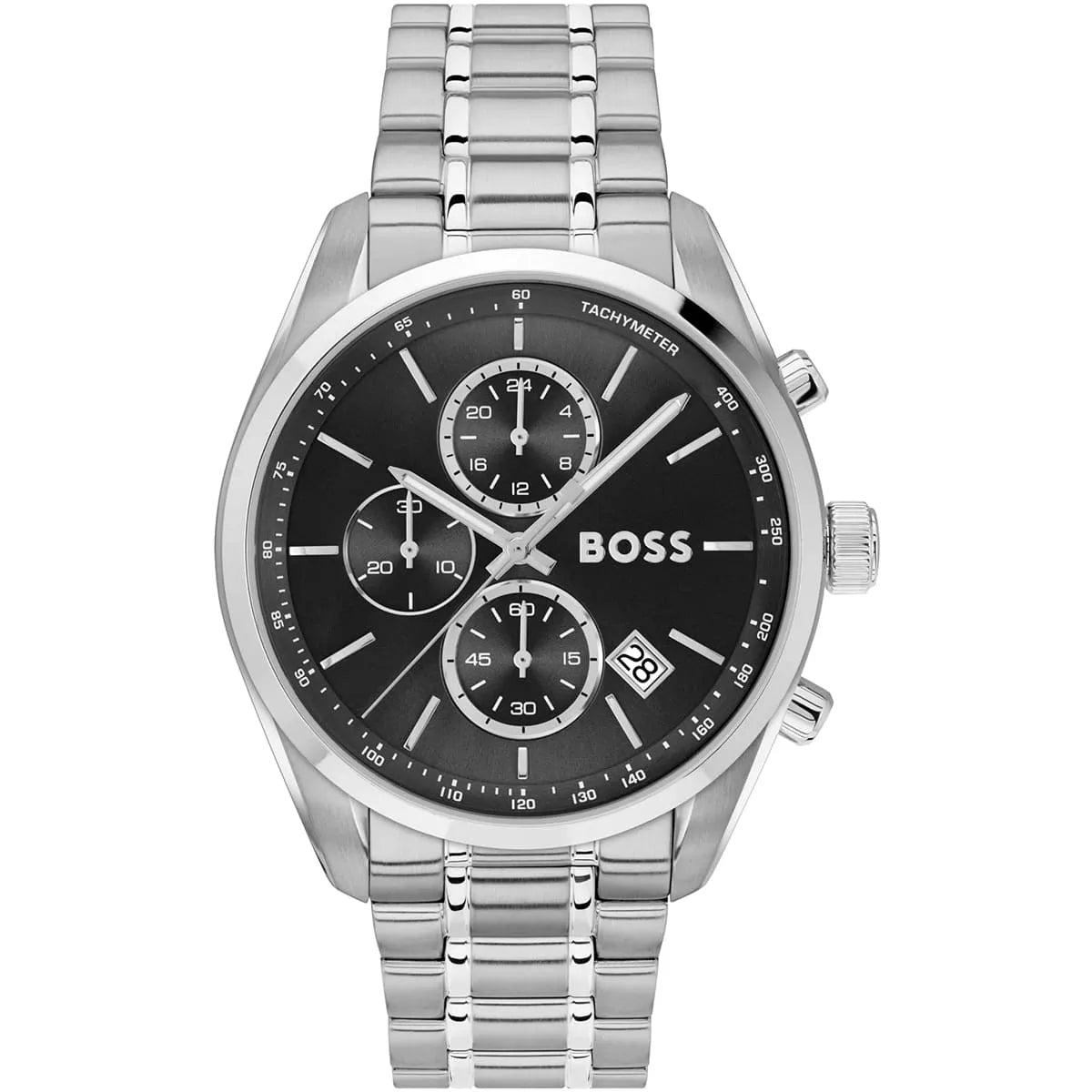 Hugo Boss Grand Prix chronograph watch with black dial and silver steel bracelet