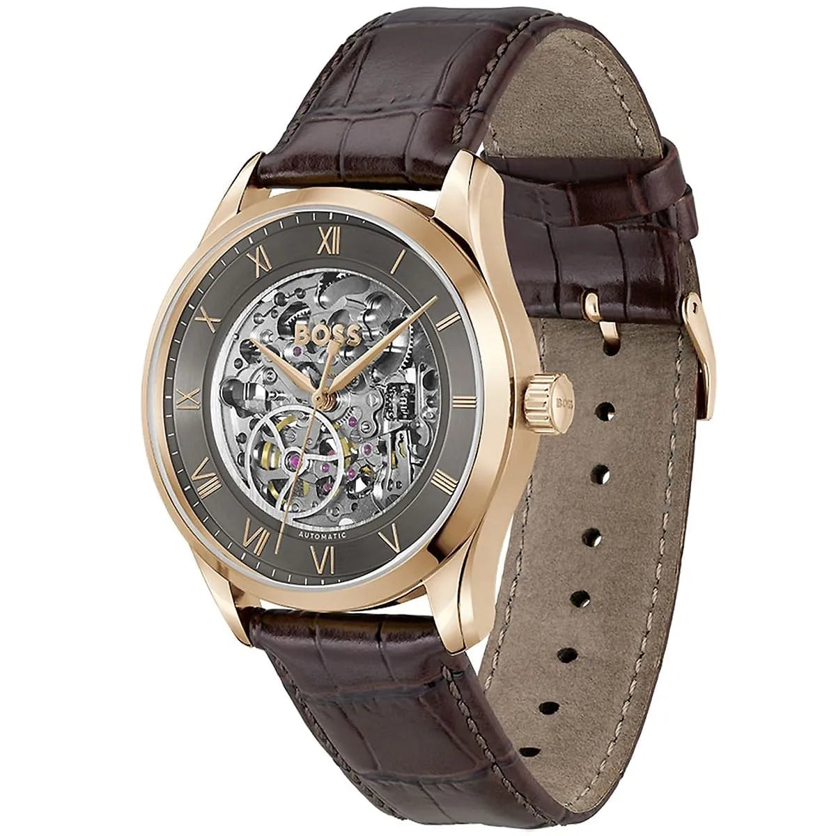 Hugo Boss Principle watch angle view showing brown croc-pattern leather strap and grey skeleton dial