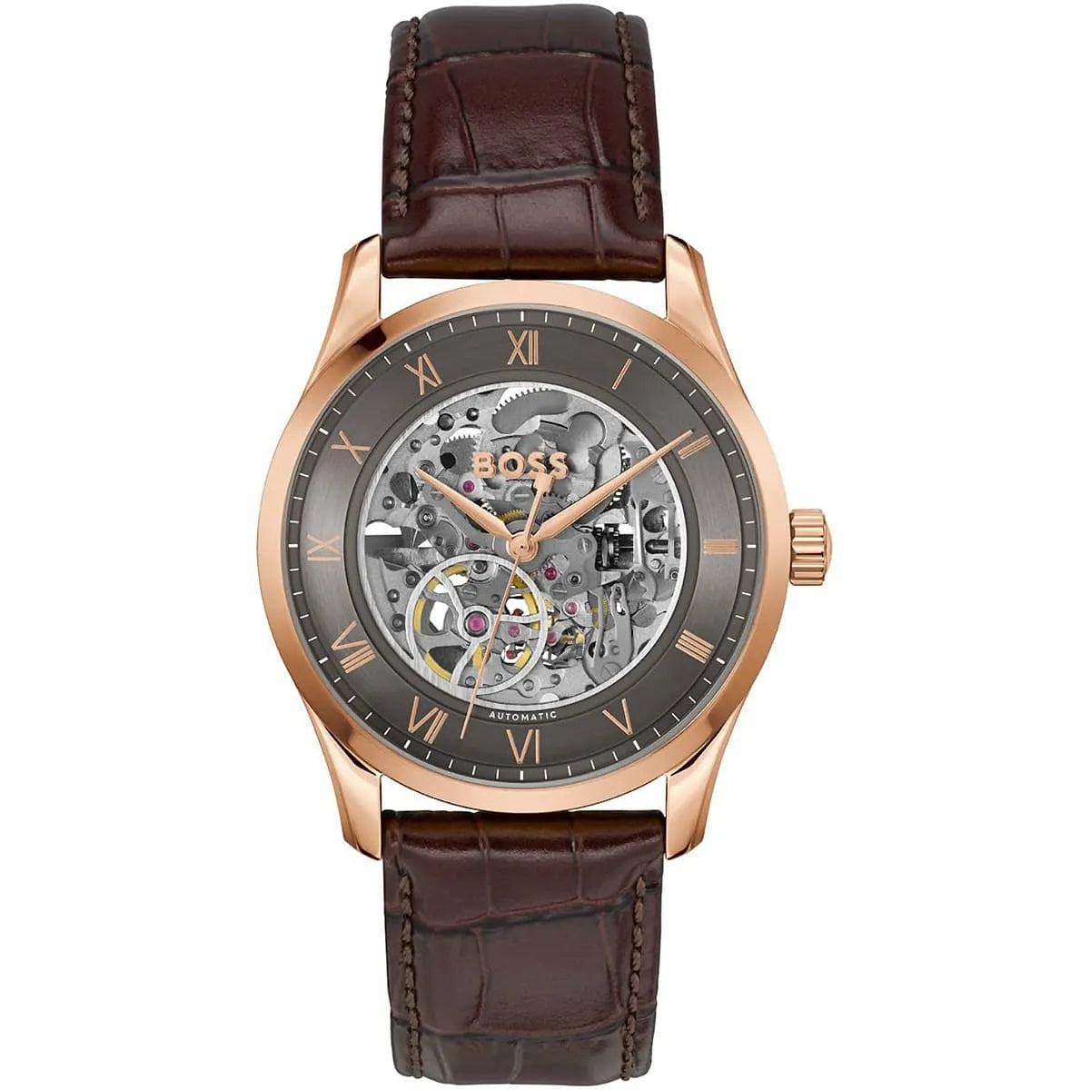 Hugo Boss Principle skeleton watch with grey dial, rose gold case, and brown leather strap