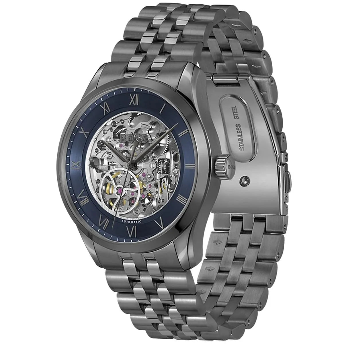 Hugo Boss Principle skeleton watch angled view showing blue dial and steel bracelet