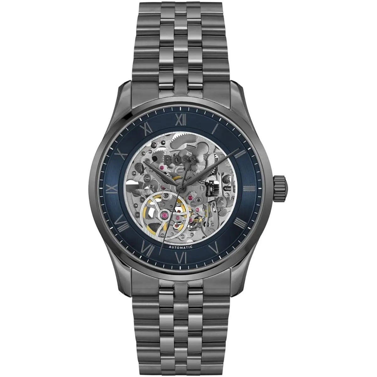 Hugo Boss Principle skeleton watch with blue dial and gunmetal stainless steel bracelet